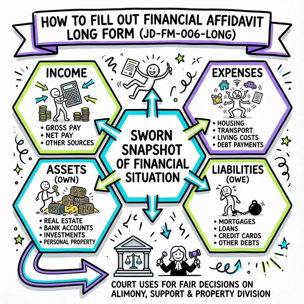 Sketchnote visual guide for How to Fill Out Financial Affidavit Long Form (JD-FM-006-LONG)
