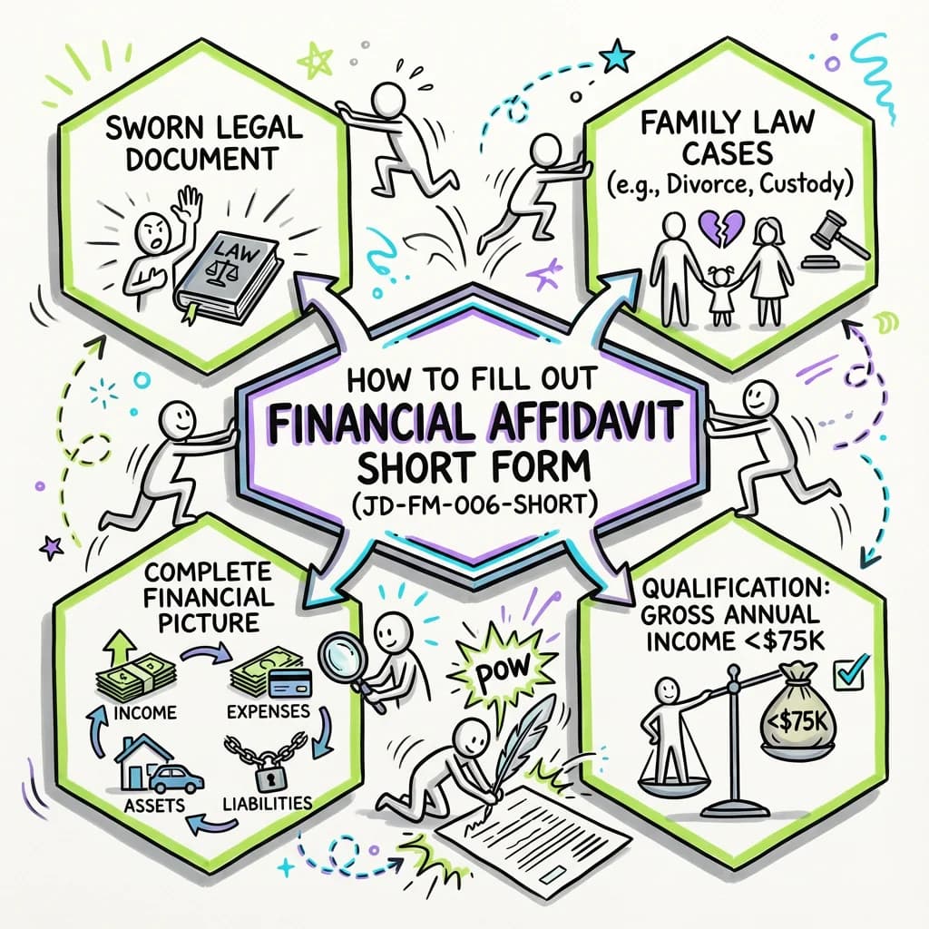 Sketchnote visual guide for How to Fill Out Financial Affidavit Short Form (JD-FM-006-SHORT)