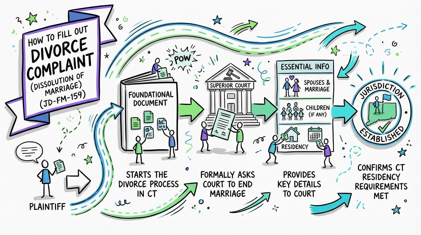 Sketchnote visual guide for How to Fill Out Divorce Complaint (Dissolution of Marriage) (JD-FM-159)