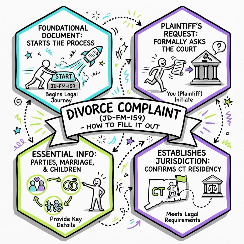 Sketchnote visual guide for How to Fill Out Divorce Complaint (Dissolution of Marriage) (JD-FM-159)