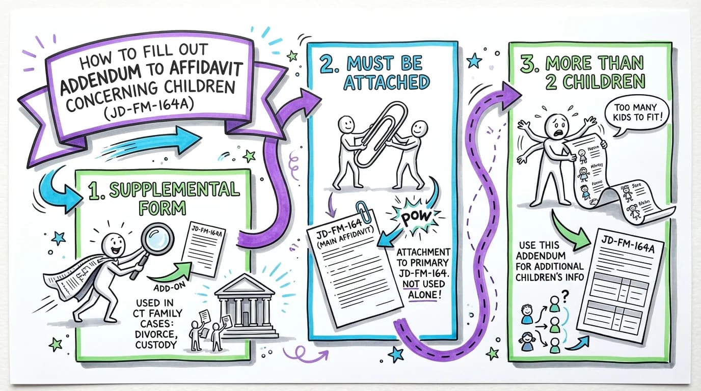Sketchnote visual guide for How to Fill Out Addendum to Affidavit Concerning Children (JD-FM-164A)