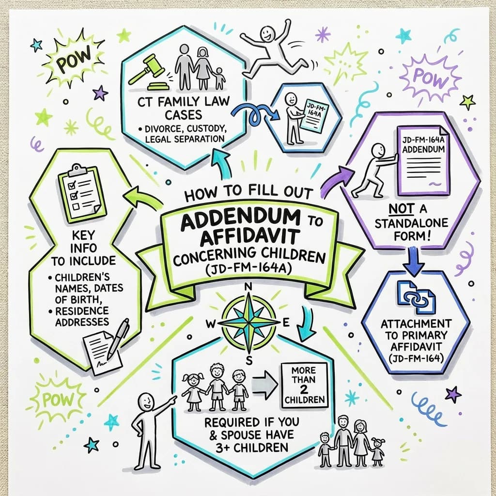 Sketchnote visual guide for How to Fill Out Addendum to Affidavit Concerning Children (JD-FM-164A)