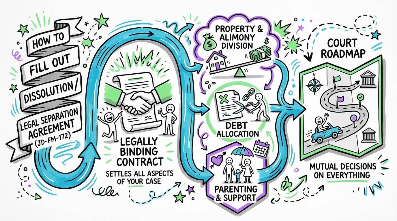 Sketchnote visual guide for How to Fill Out Dissolution / Legal Separation Agreement (JD-FM-172)