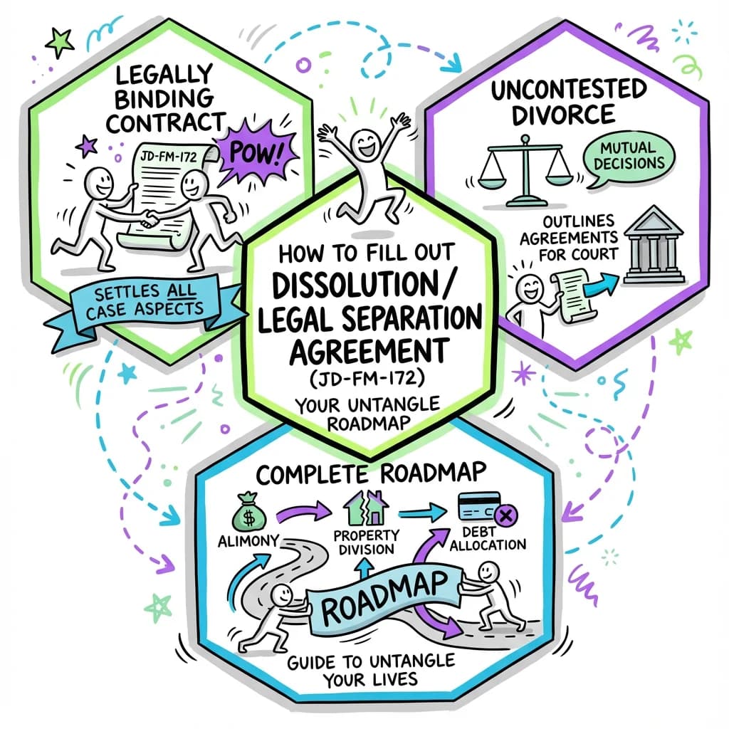 Sketchnote visual guide for How to Fill Out Dissolution / Legal Separation Agreement (JD-FM-172)