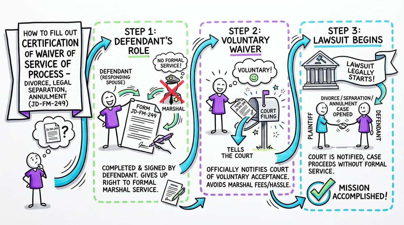Sketchnote visual guide for How to Fill Out CERTIFICATION OF WAIVER OF SERVICE OF PROCESS - DIVORCE, LEGAL SEPARATION, ANNULMENT (JD-FM-249)