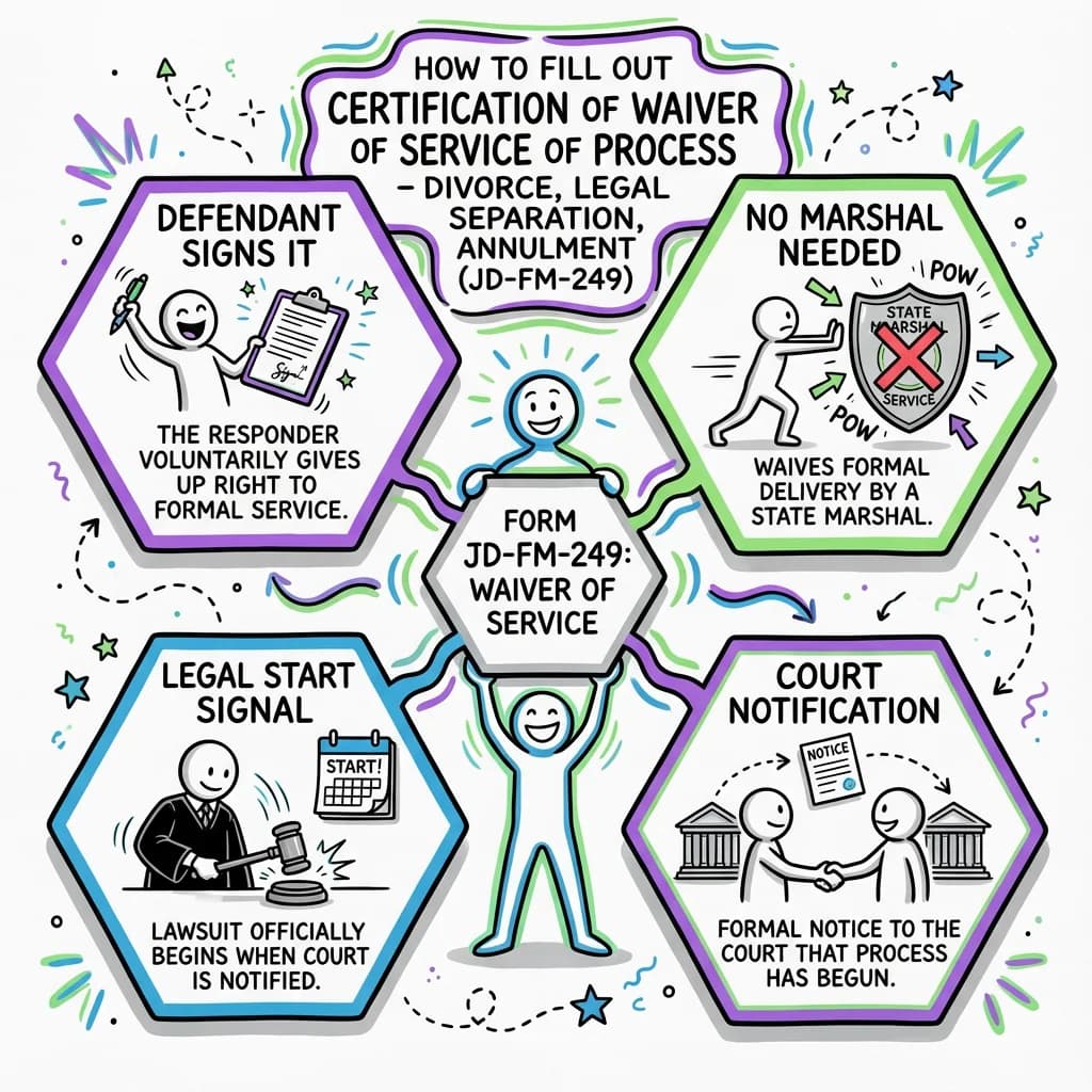 Sketchnote visual guide for How to Fill Out CERTIFICATION OF WAIVER OF SERVICE OF PROCESS - DIVORCE, LEGAL SEPARATION, ANNULMENT (JD-FM-249)