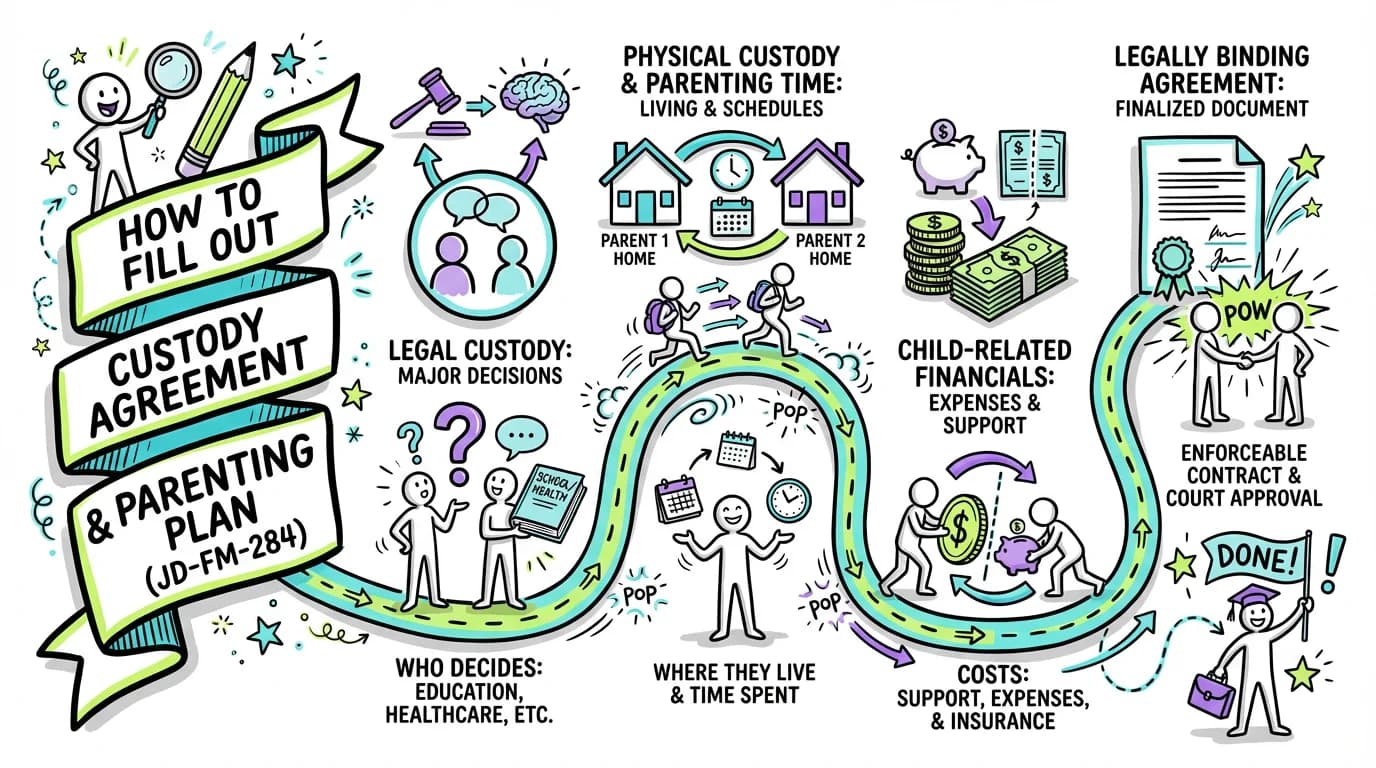 Sketchnote visual guide for How to Fill Out Custody Agreement and Parenting Plan (JD-FM-284)