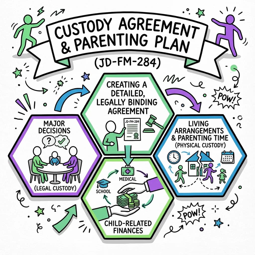 Sketchnote visual guide for How to Fill Out Custody Agreement and Parenting Plan (JD-FM-284)