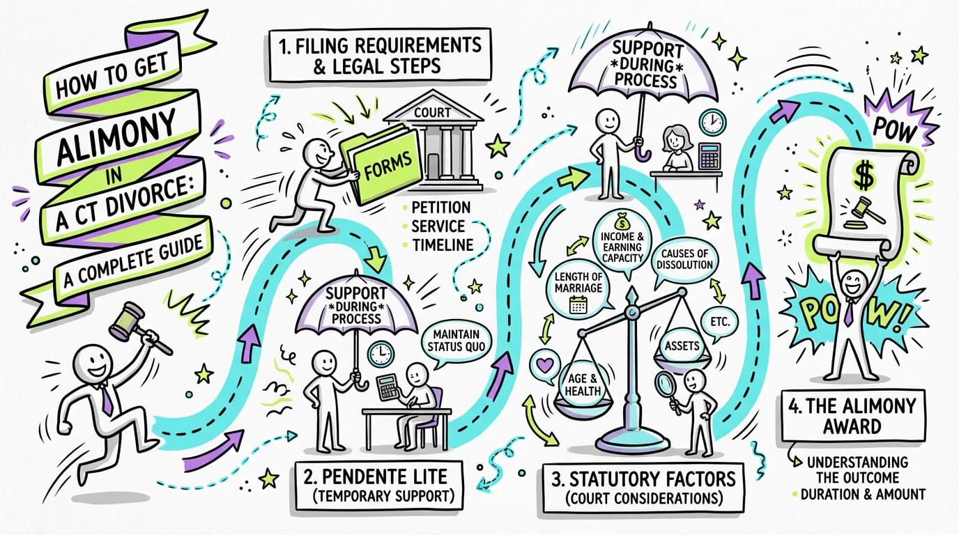 Visual overview showing the key steps and concepts for How to Get Alimony in a Connecticut Divorce: A Complete Guide in Connecticut