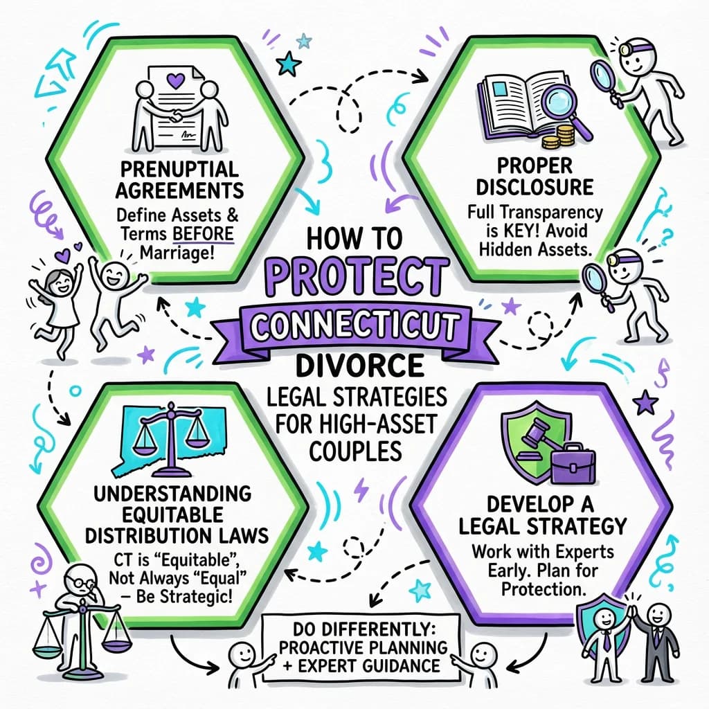 Illustrated guide summarizing the main points about How to Protect Assets in a Connecticut Divorce: Legal Strategies for High-Asset Couples