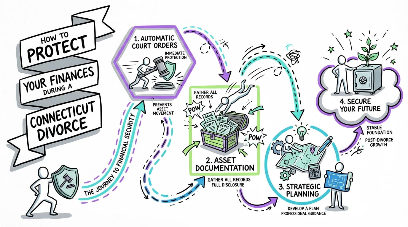 Visual overview showing the key steps and concepts for How to Protect Your Finances During a Connecticut Divorce in Connecticut