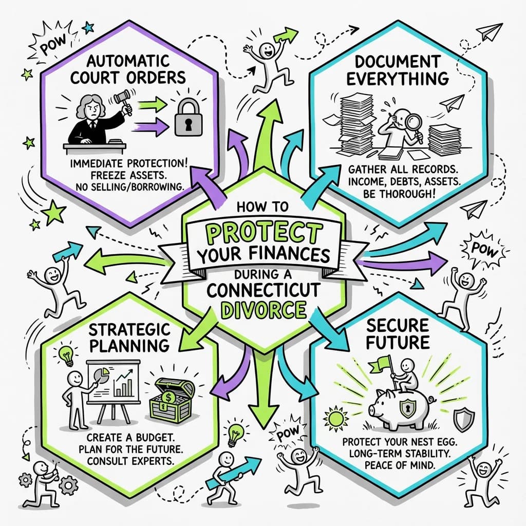 Illustrated guide summarizing the main points about How to Protect Your Finances During a Connecticut Divorce
