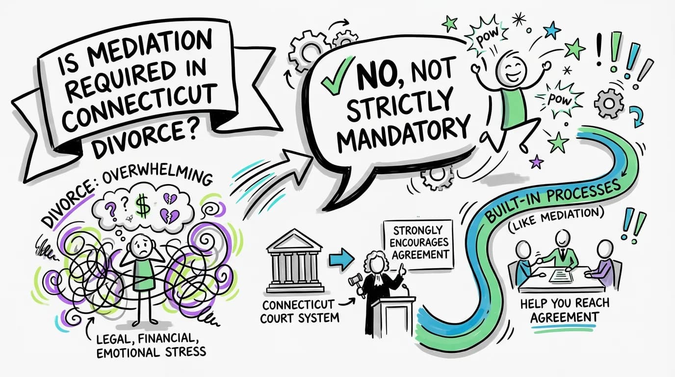 Sketchnote visual guide for Is mediation required in Connecticut divorce?