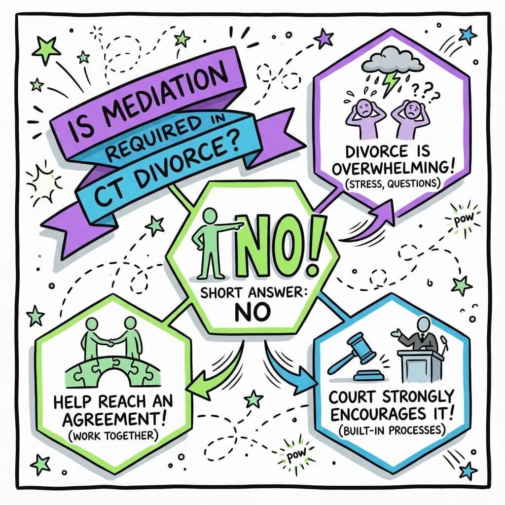 Sketchnote visual guide for Is mediation required in Connecticut divorce?