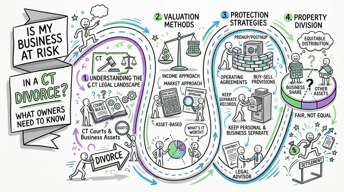 Visual overview showing the key steps and concepts for Is My Business at Risk in a Connecticut Divorce? What Business Owners Need to Know in Connecticut