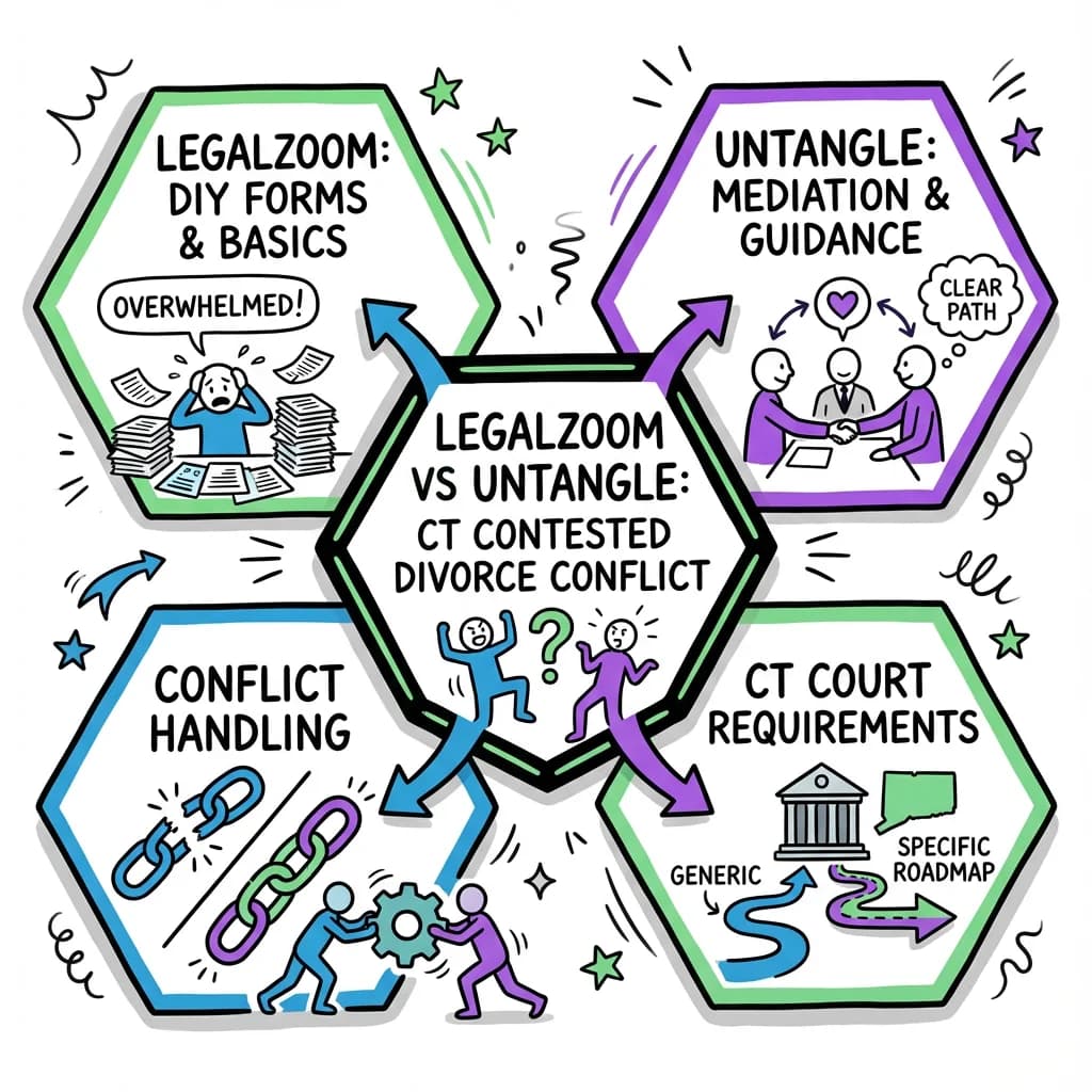 Illustrated guide summarizing the main points about LegalZoom vs Untangle for Contested Divorce in Connecticut: Which Platform Handles Conflict Better
