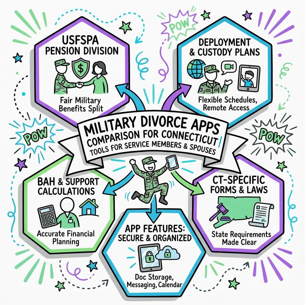 Illustrated guide summarizing the main points about Military Divorce Apps Comparison for Connecticut | Tools for Service Members & Spouses