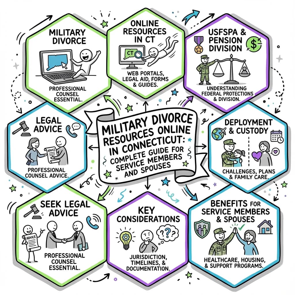 Illustrated guide summarizing the main points about Military Divorce Resources Online in Connecticut: Complete Guide for Service Members and Spouses