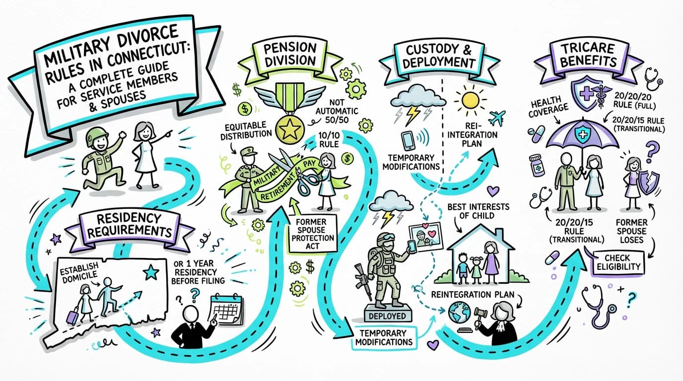 Visual overview showing the key steps and concepts for Military Divorce Rules in Connecticut: A Complete Guide for Service Members and Spouses in Connecticut