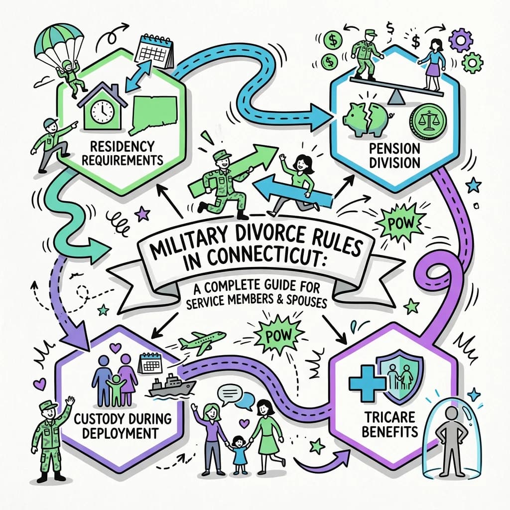 Illustrated guide summarizing the main points about Military Divorce Rules in Connecticut: A Complete Guide for Service Members and Spouses
