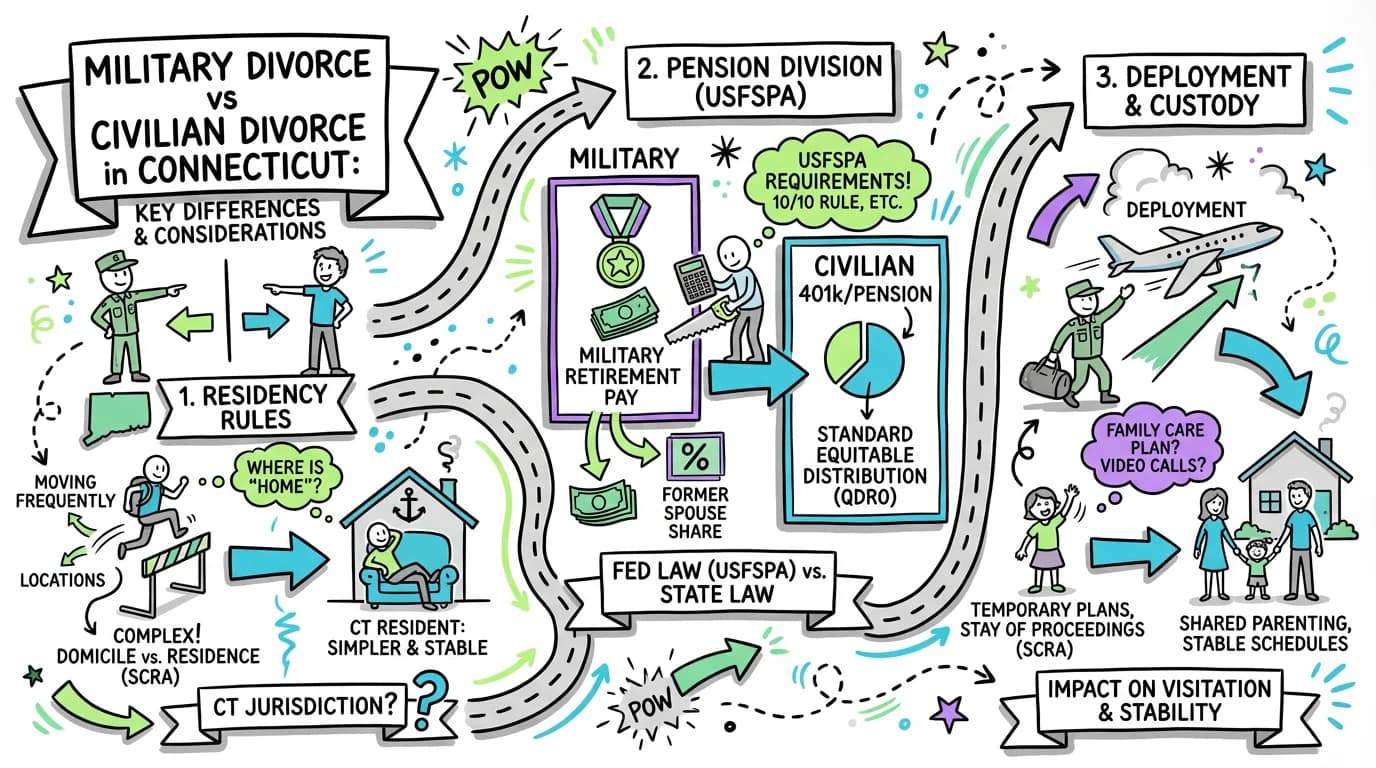 Visual overview showing the key steps and concepts for Military Divorce vs Civilian Divorce in Connecticut: Key Differences and Considerations in Connecticut