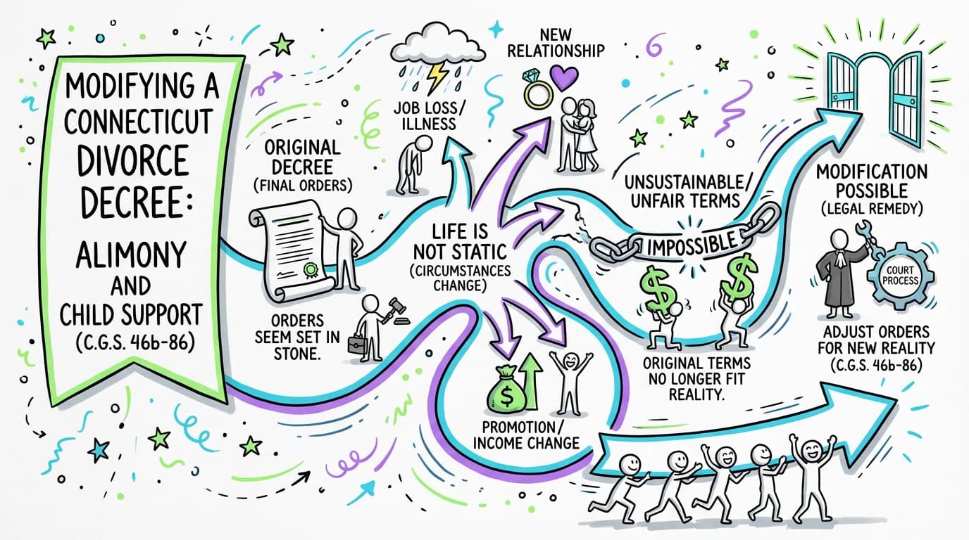 Sketchnote visual guide for Modifying a Connecticut Divorce Decree: Alimony and Child Support (C.G.S. 46b-86)