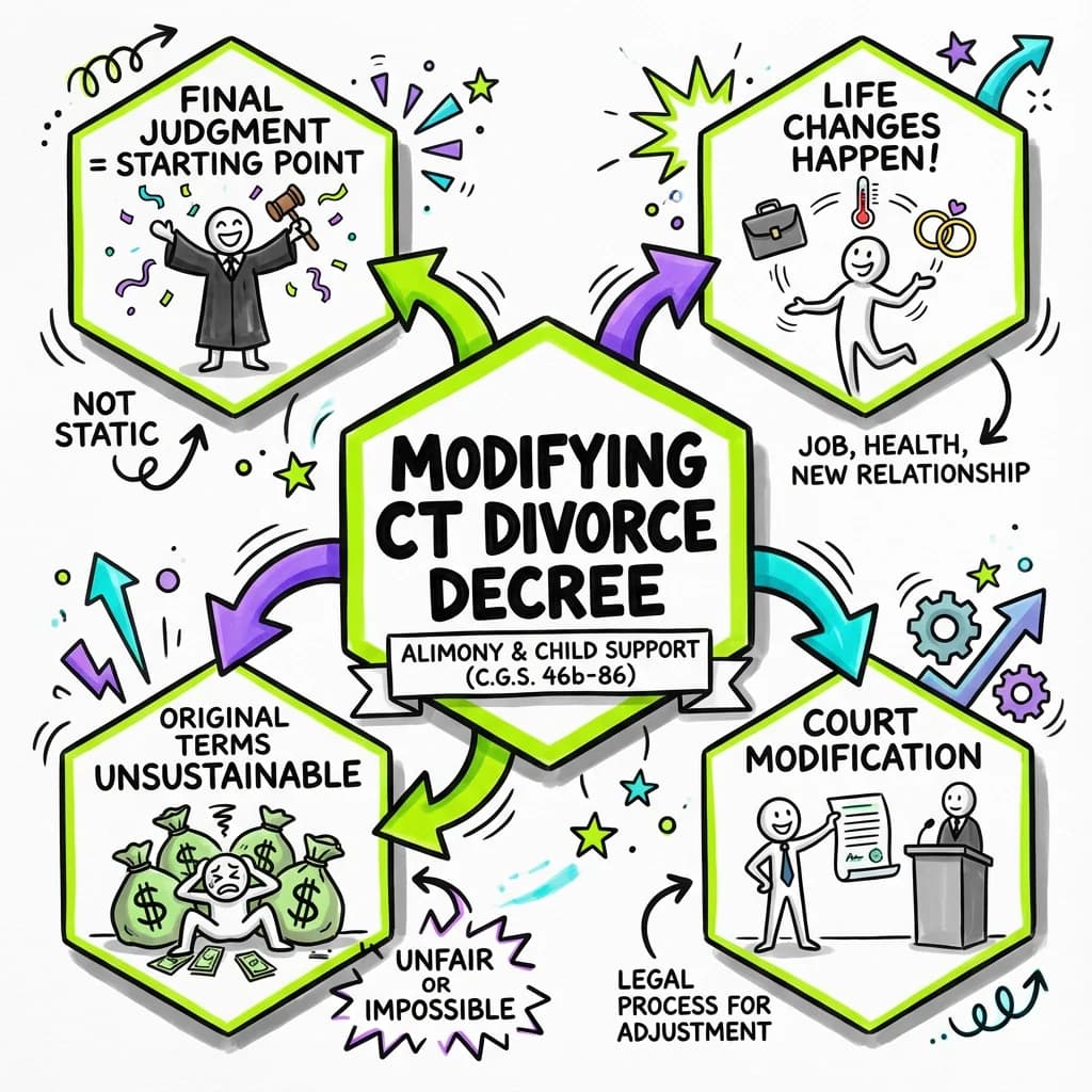 Sketchnote visual guide for Modifying a Connecticut Divorce Decree: Alimony and Child Support (C.G.S. 46b-86)