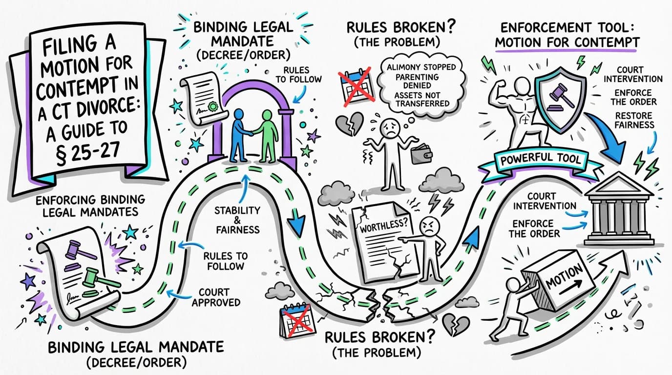 Sketchnote visual guide for Filing a Motion for Contempt in a CT Divorce: A Guide to § 25-27