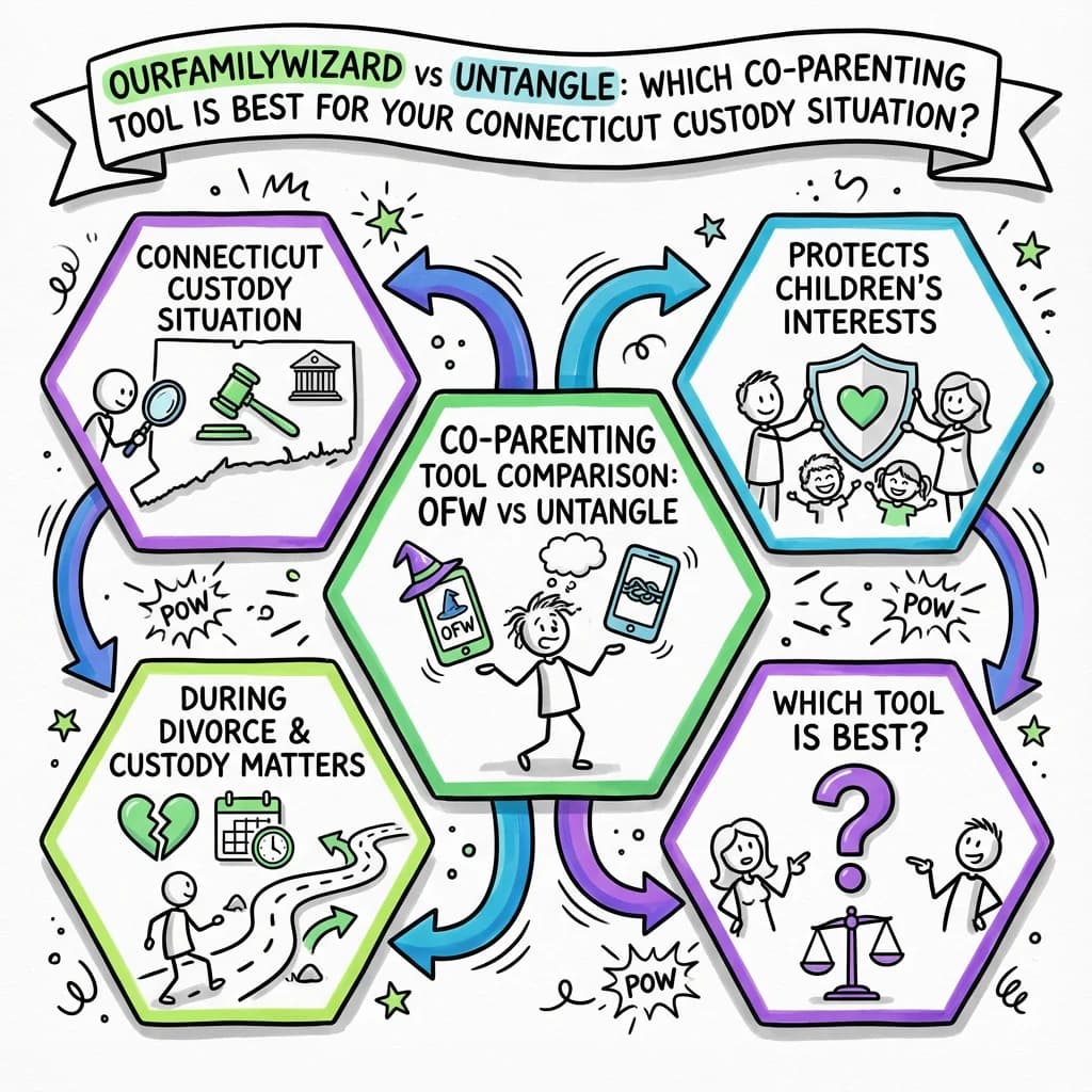Illustrated guide summarizing the main points about OurFamilyWizard vs Untangle: Which Co-Parenting Tool Is Best for Your Connecticut Custody Situation?