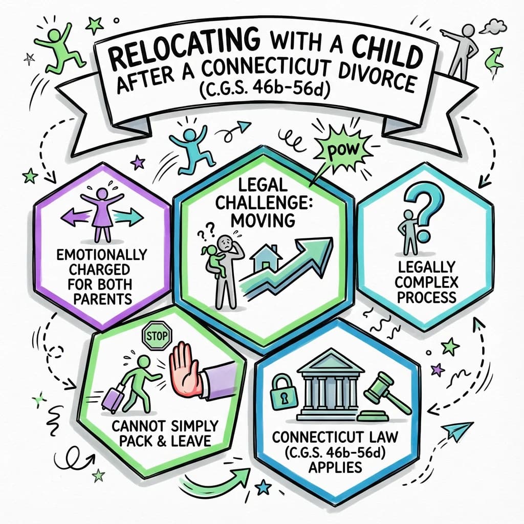 Sketchnote visual guide for Relocating with a Child After a Connecticut Divorce (C.G.S. 46b-56d) Sketchnote visual guide for Relocating with a Child After a Connecticut Divorce (C.G.S. 46b-56d)