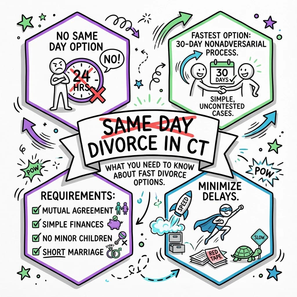 Illustrated guide summarizing the main points about Same Day Divorce in Connecticut: What You Need to Know About Fast Divorce Options
