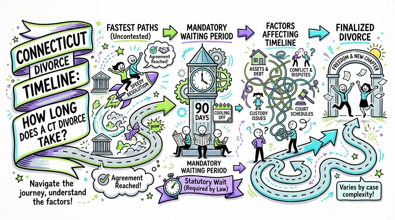 Visual overview showing the key steps and concepts for Connecticut Divorce Timeline: How Long Does a CT Divorce Take? in Connecticut