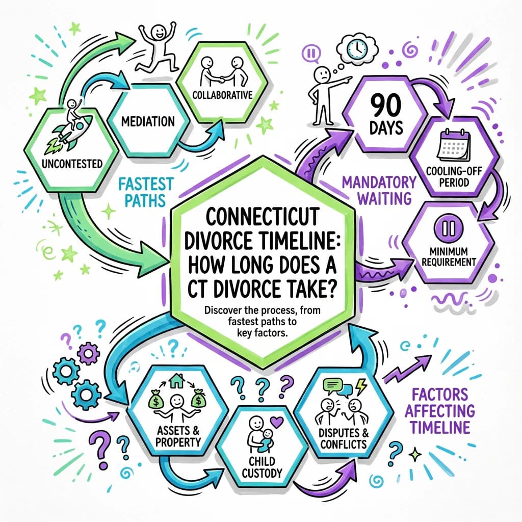 Illustrated guide summarizing the main points about Connecticut Divorce Timeline: How Long Does a CT Divorce Take?