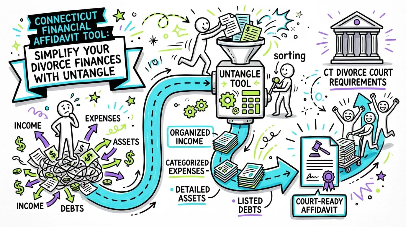 Visual overview showing the key steps and concepts for Connecticut Financial Affidavit Tool: Simplify Your Divorce Finances with Untangle in Connecticut