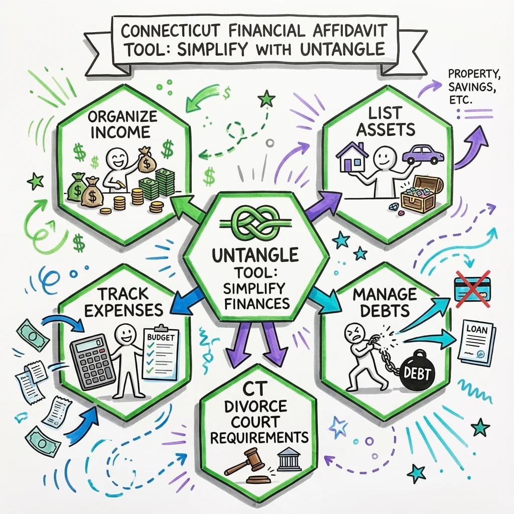 Illustrated guide summarizing the main points about Connecticut Financial Affidavit Tool: Simplify Your Divorce Finances with Untangle