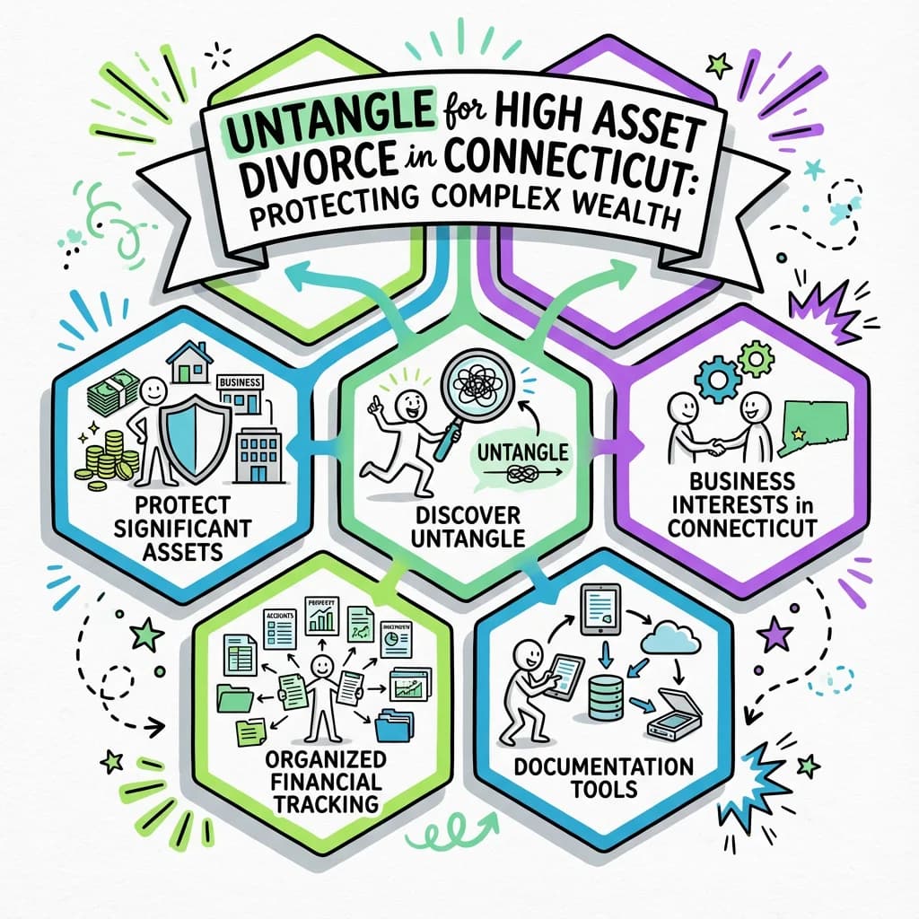 Illustrated guide summarizing the main points about Untangle for High Asset Divorce in Connecticut: Protecting Complex Wealth