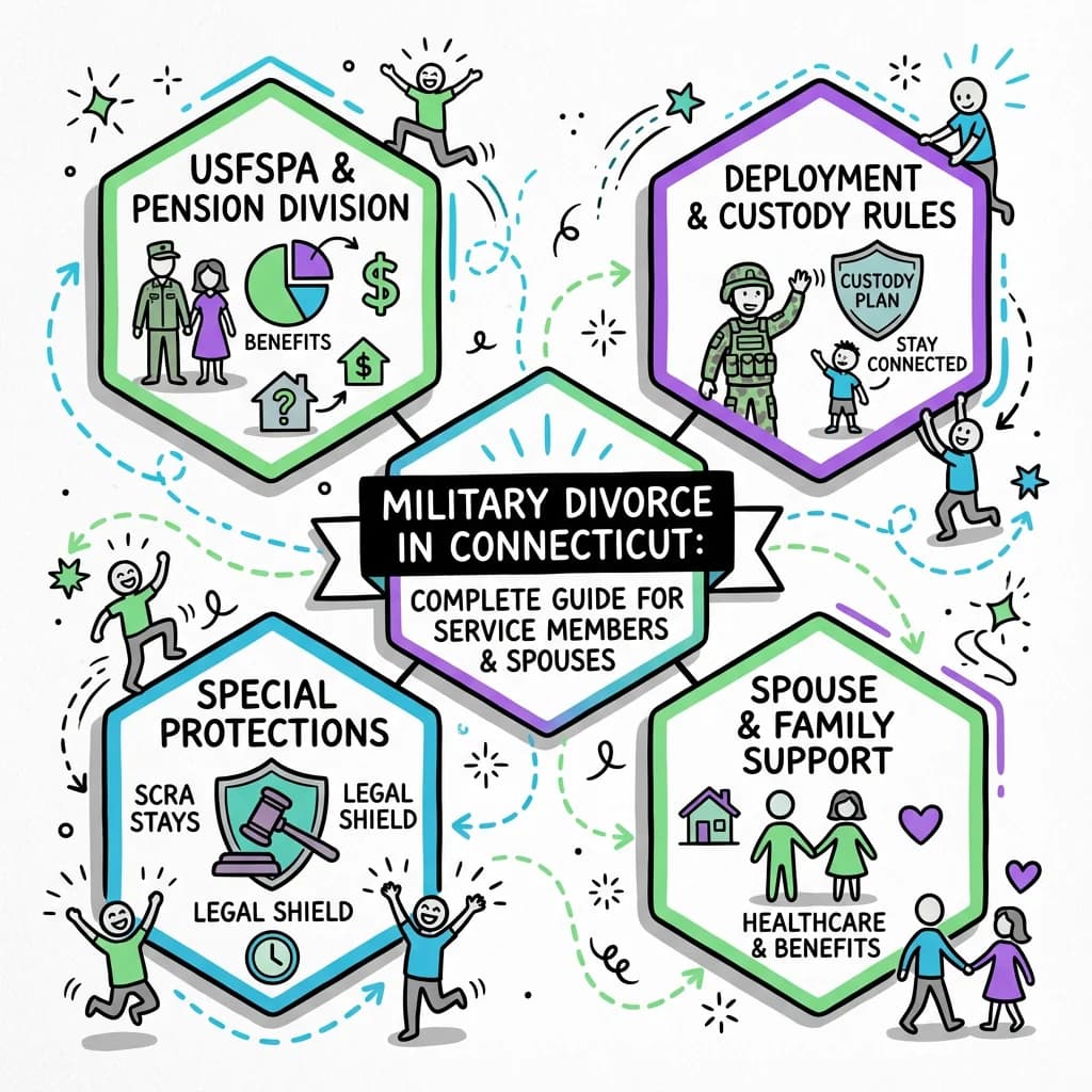 Illustrated guide summarizing the main points about Military Divorce in Connecticut: Complete Guide for Service Members and Spouses