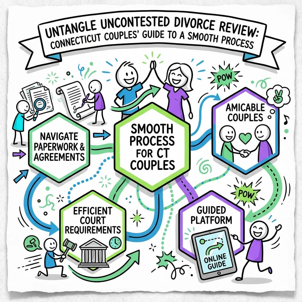 Illustrated guide summarizing the main points about Untangle Uncontested Divorce Review: Connecticut Couples' Guide to a Smooth Process