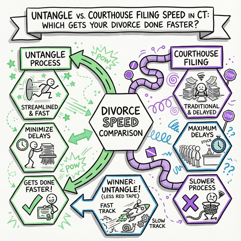Illustrated guide summarizing the main points about Untangle vs Courthouse Filing Speed in Connecticut: Which Gets Your Divorce Done Faster?