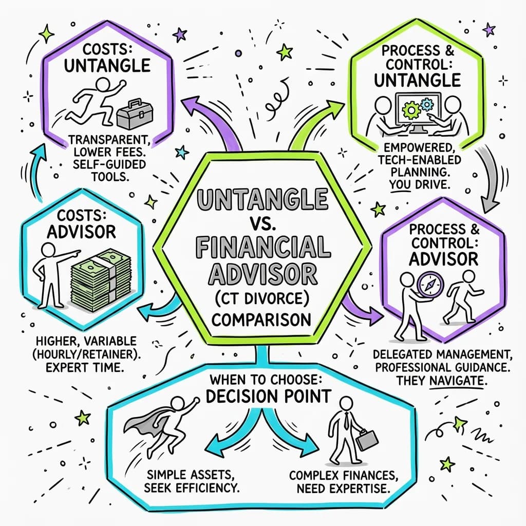 Illustrated guide summarizing the main points about Untangle vs. Hiring a Financial Advisor for Divorce in Connecticut: A Complete Comparison