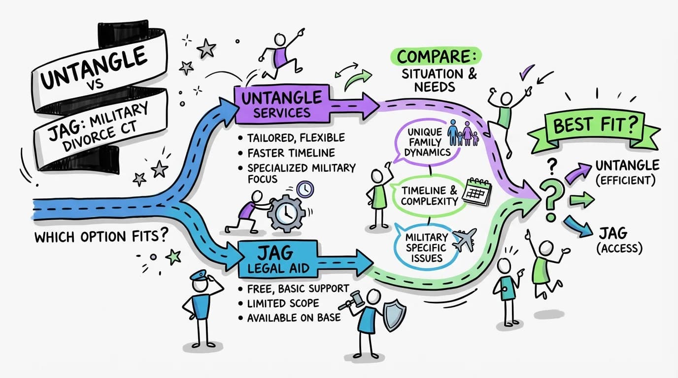 Visual overview showing the key steps and concepts for Untangle vs JAG for Military Divorce in Connecticut: Complete Comparison in Connecticut