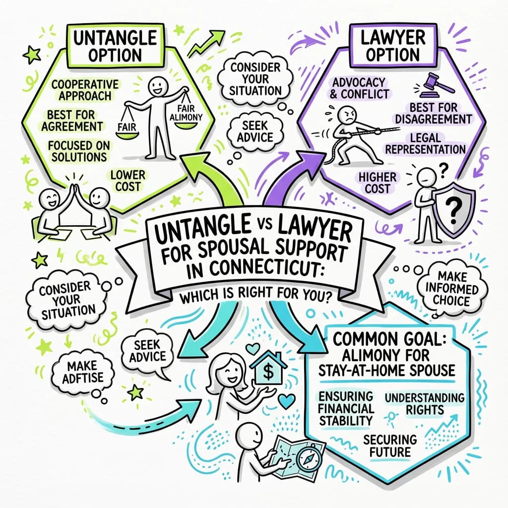 Illustrated guide summarizing the main points about Untangle vs Lawyer for Spousal Support in Connecticut: Which Is Right for You?