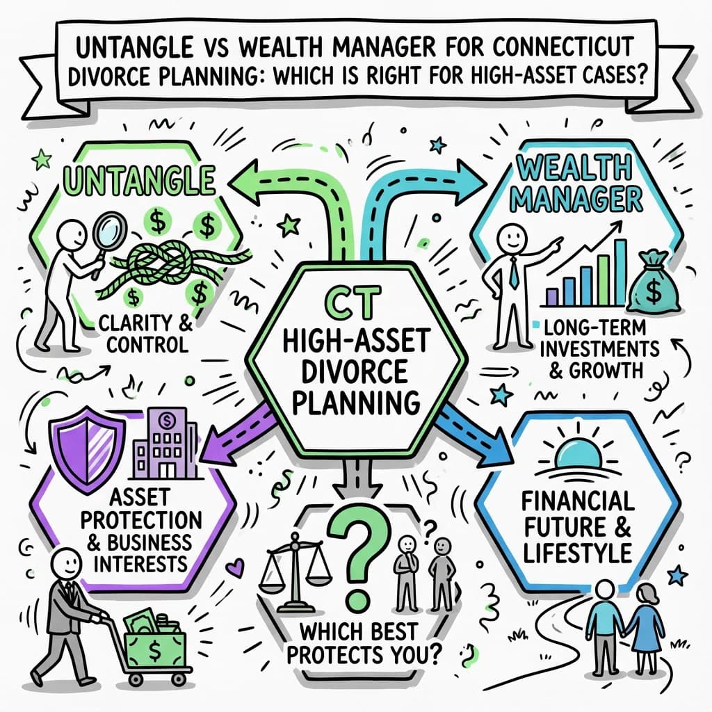 Illustrated guide summarizing the main points about Untangle vs Wealth Manager for Connecticut Divorce Planning: Which Is Right for High-Asset Cases?