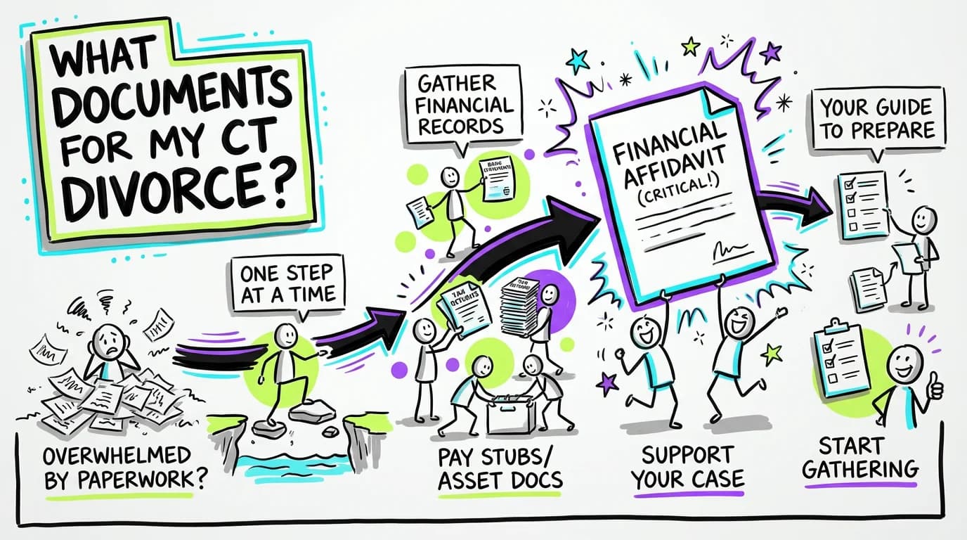 Sketchnote visual guide for What documents do I need for my divorce in Connecticut?