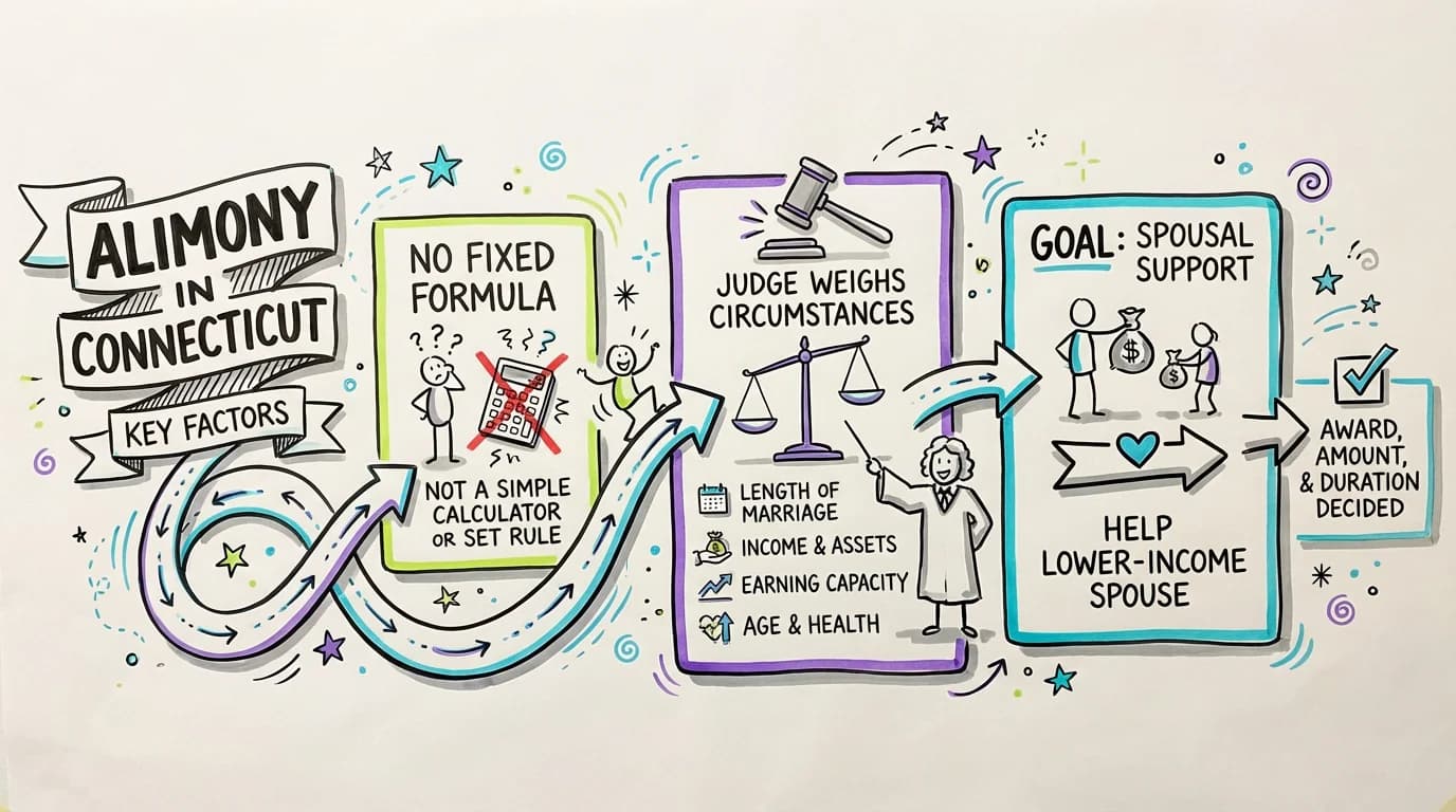 Sketchnote visual guide for What factors determine alimony in Connecticut?