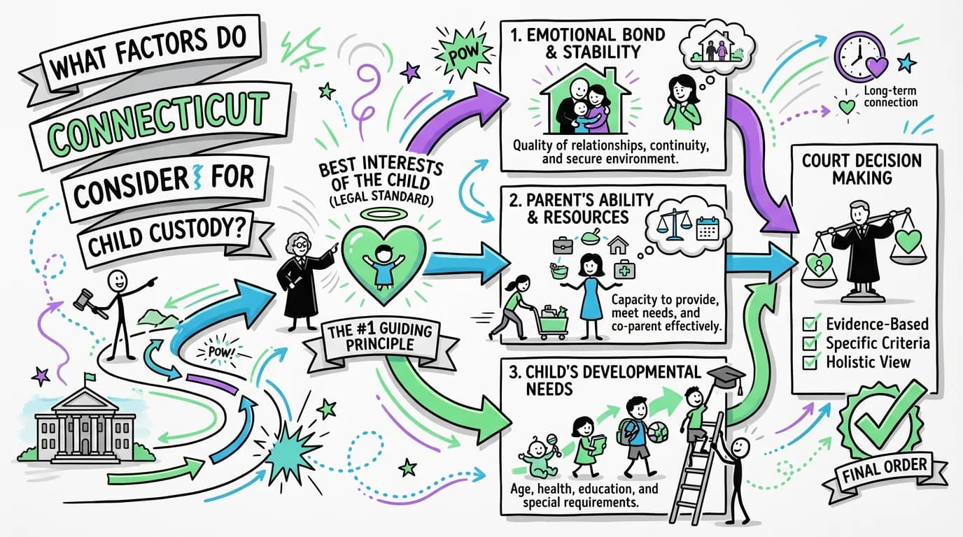Sketchnote visual guide for What factors do Connecticut courts consider for child custody?
