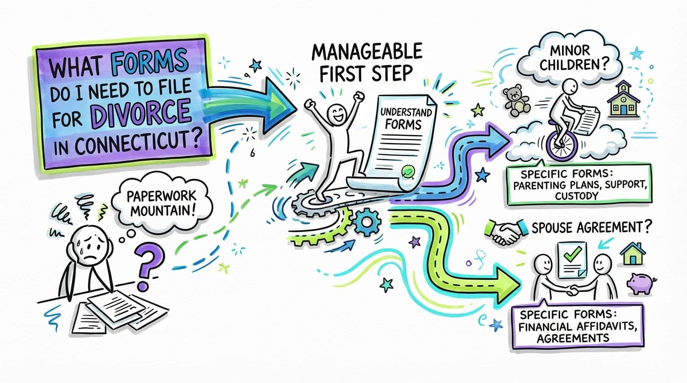 Sketchnote visual guide for What forms do I need to file for divorce in Connecticut?