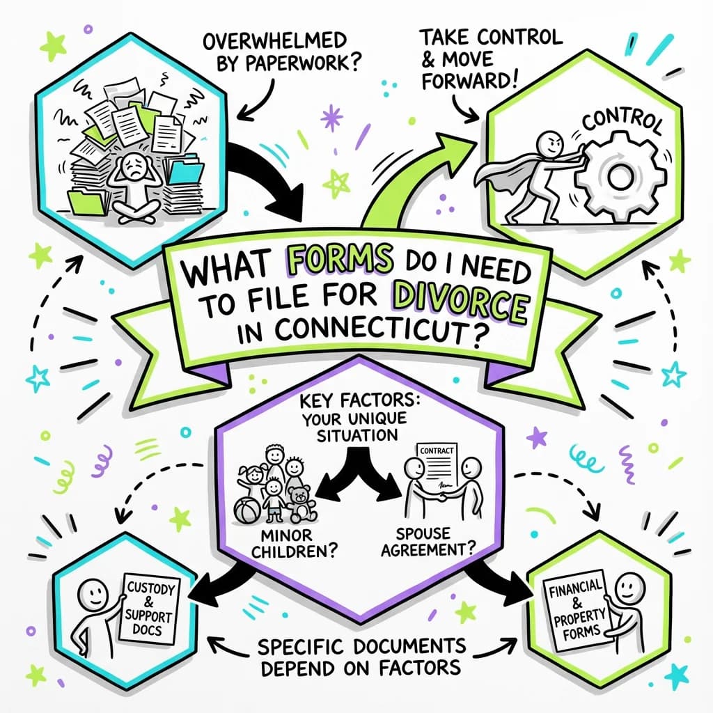 Sketchnote visual guide for What forms do I need to file for divorce in Connecticut? Sketchnote visual guide for What forms do I need to file for divorce in Connecticut?