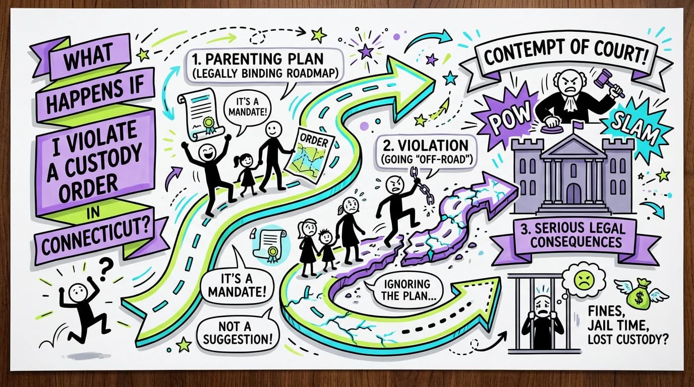 Sketchnote visual guide for What happens if I violate a custody order in Connecticut?