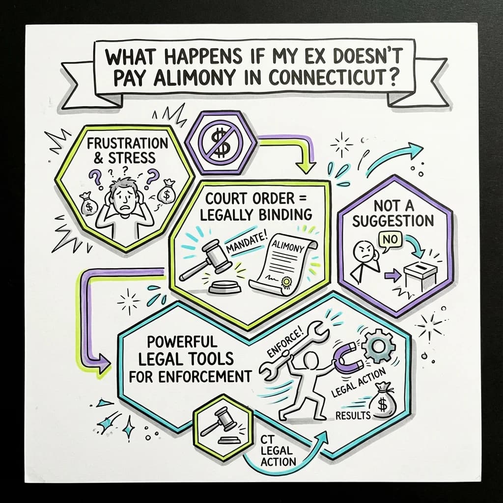 Sketchnote visual guide for What happens if my ex doesn't pay alimony in Connecticut?